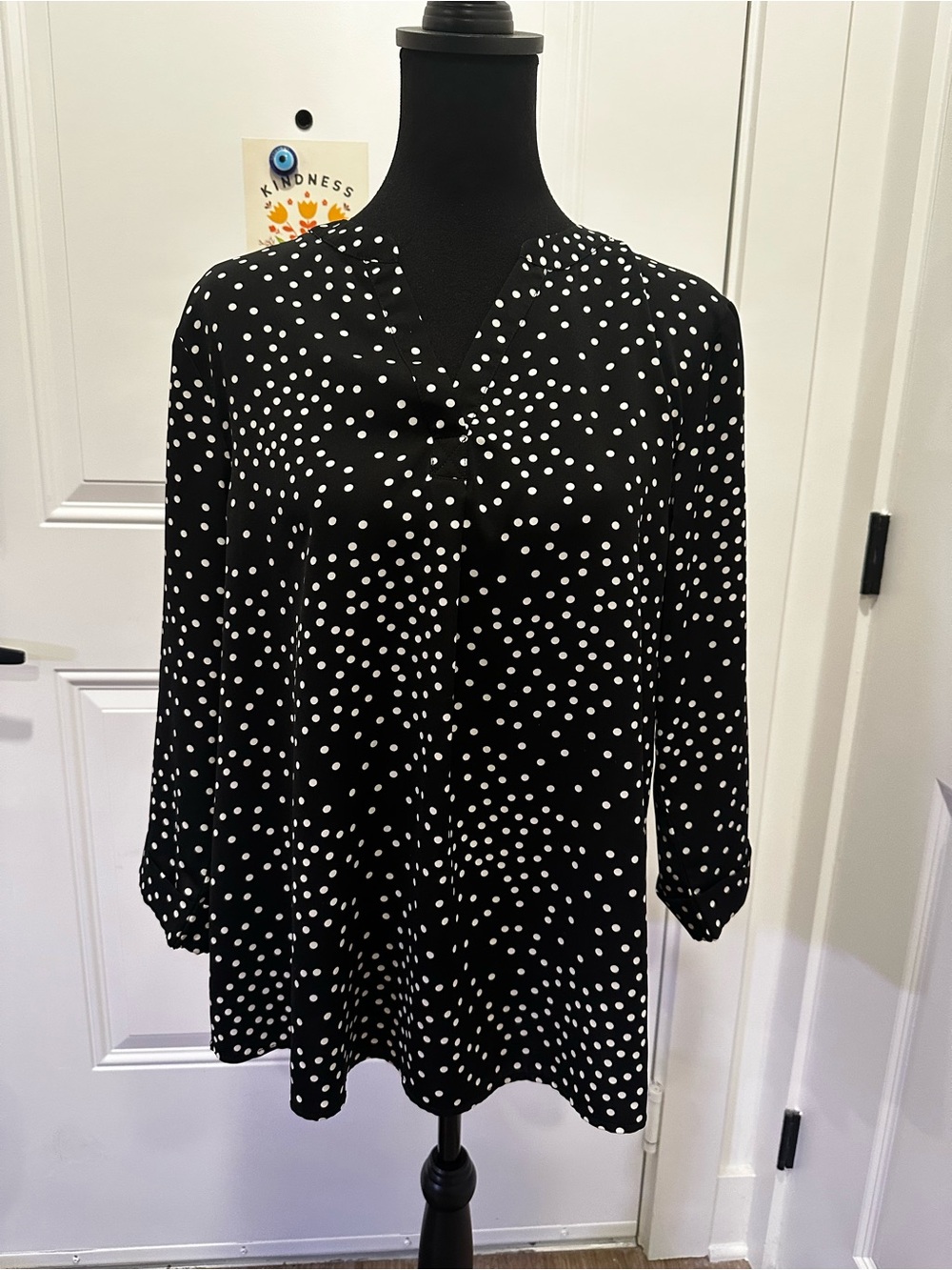 Black and White Polka Dot V-Neck Tunic Top